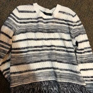 Grey and white striped fringe sweater